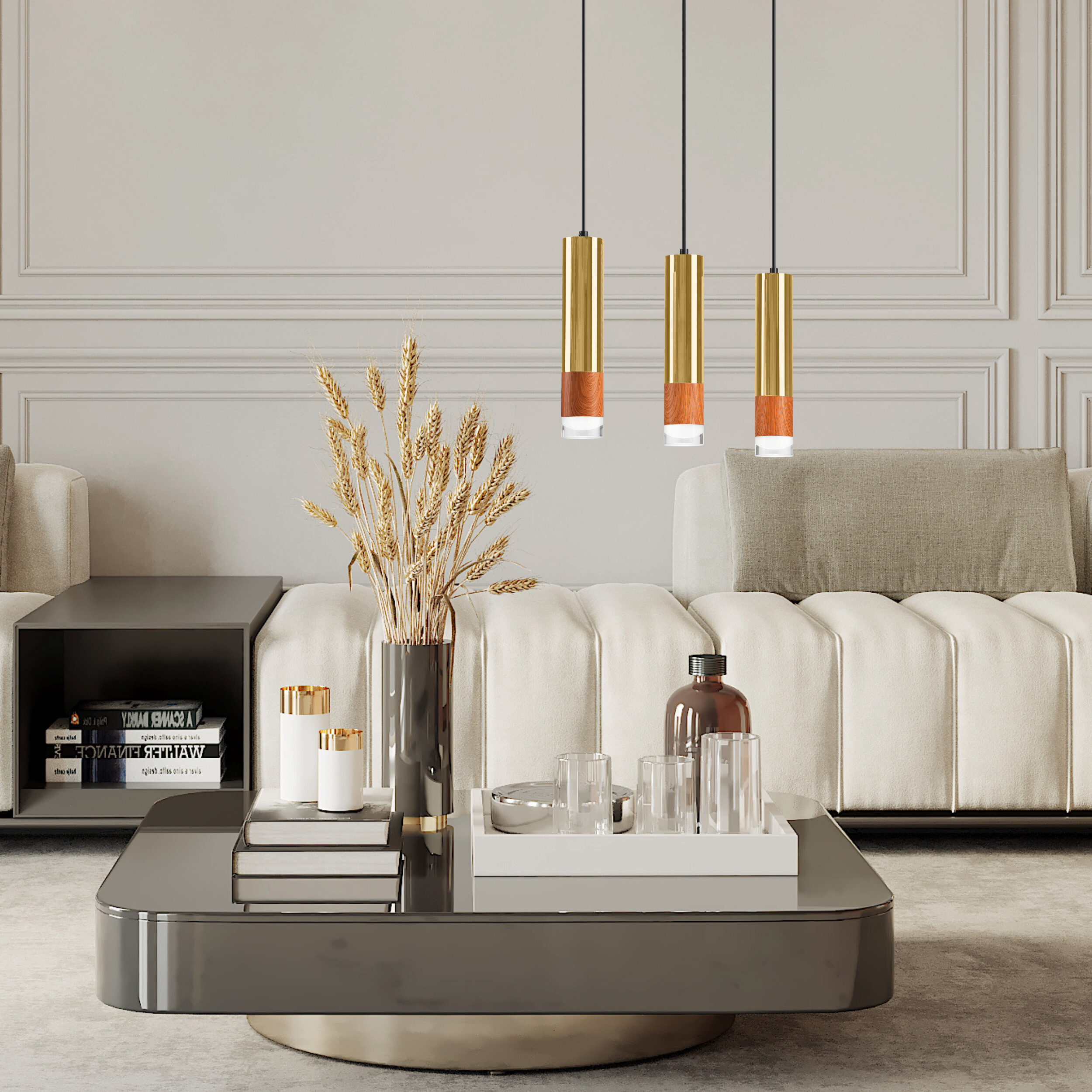 Lamkur Pendelleuchte gold Stahl Glas B/H/L: ca. 8x95x45 cm GU10 3 Brennstellen