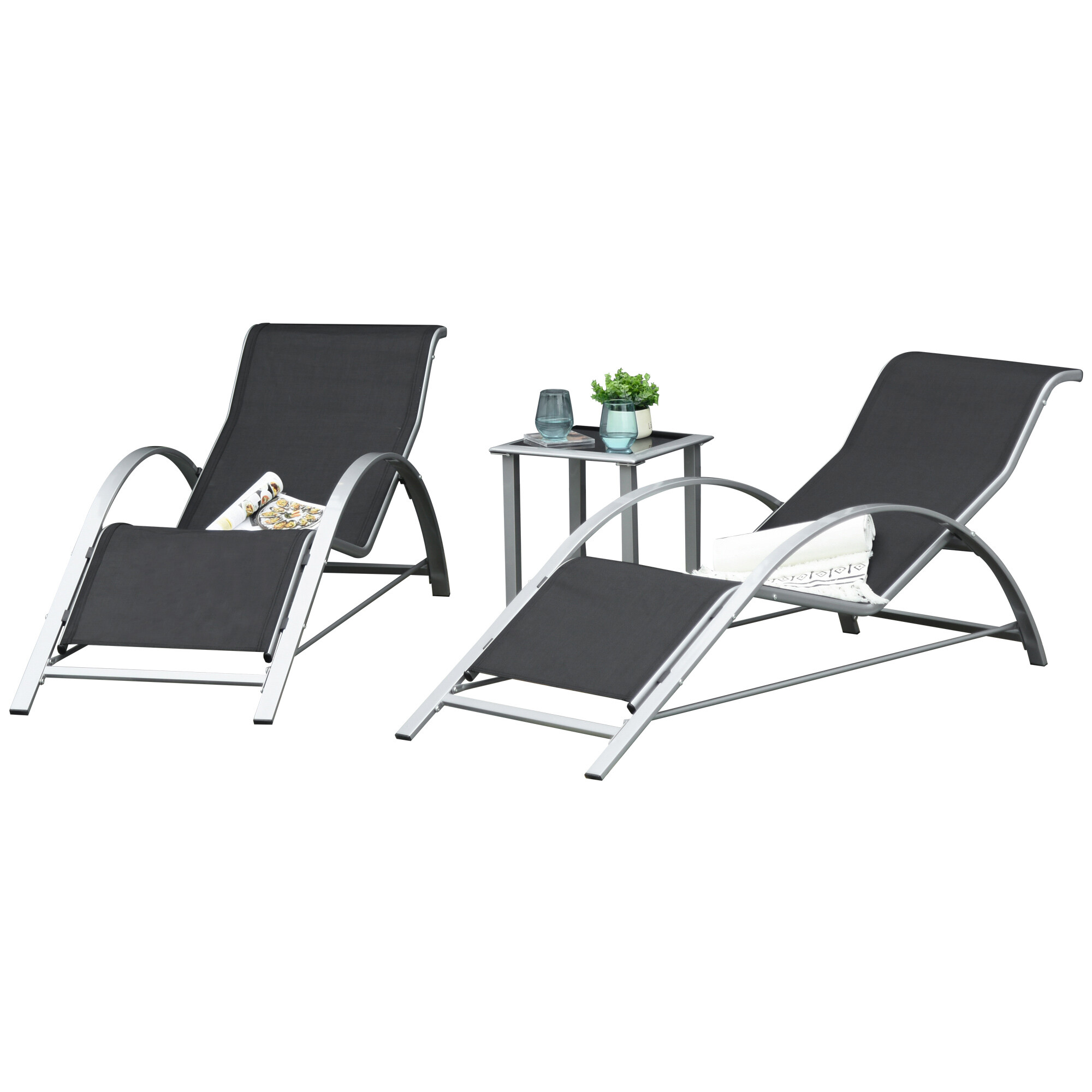 Outsunny Gartenliege-Set mit Tisch schwarz Metall B/H/T: ca. 59x66x169 cm