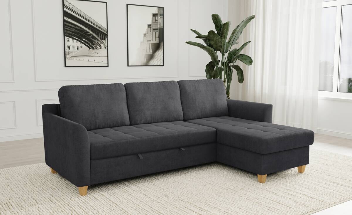 Ecksofa mit Bettfunktion und Bettkasten dunkelgrau Microfaser B/H/T: ca. 231x86x150 cm