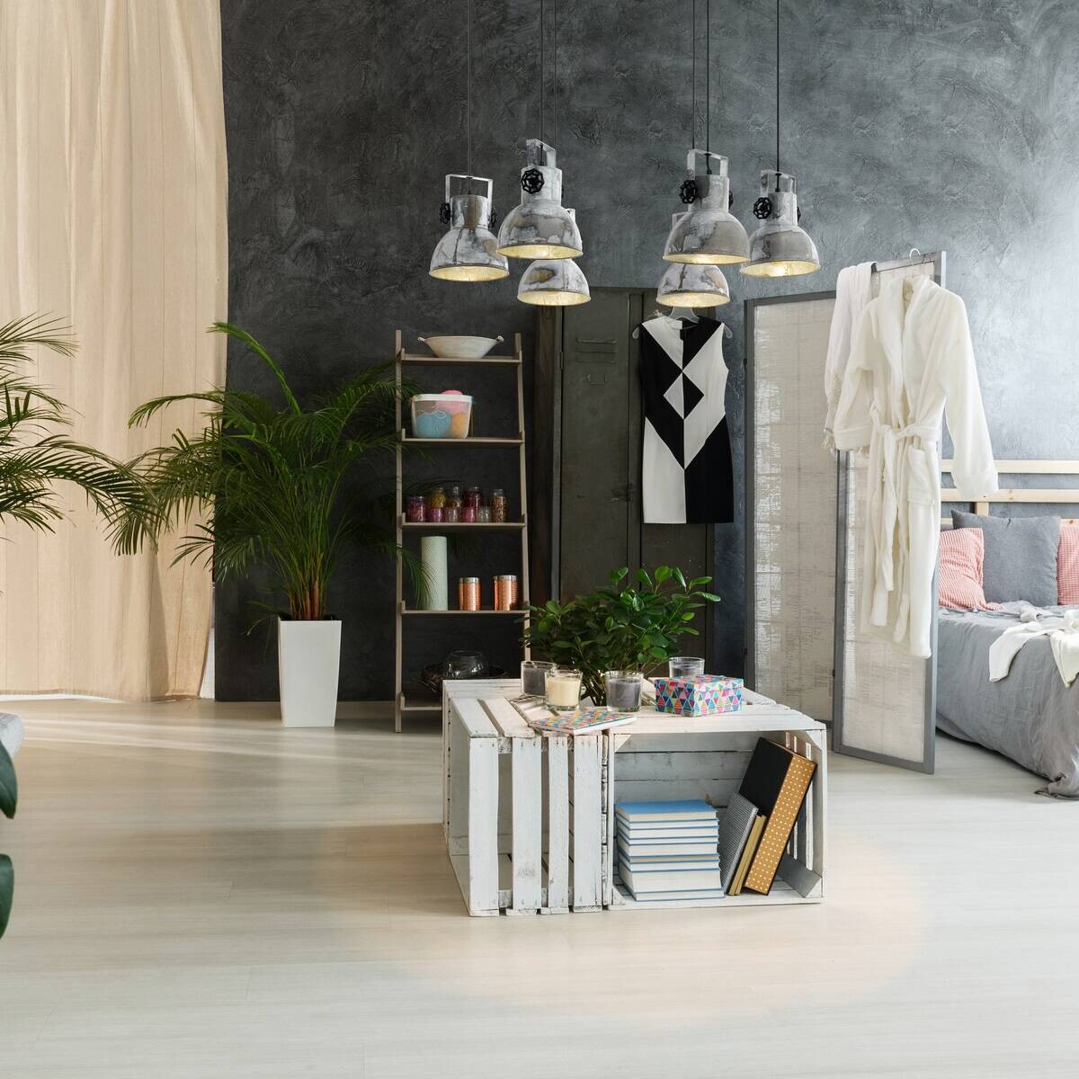 Eglo Pendelleuchte Barnstaple braun Metall Spanplatte H/L: ca. 130x18 cm E27 6 Brennstellen