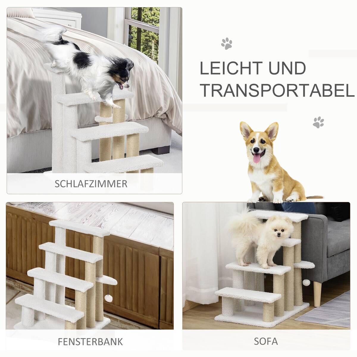 PawHut Haustiertreppe m. Kratzbaum Ball weiß Spanplatte B/H/L: ca. 40x60x64 cm