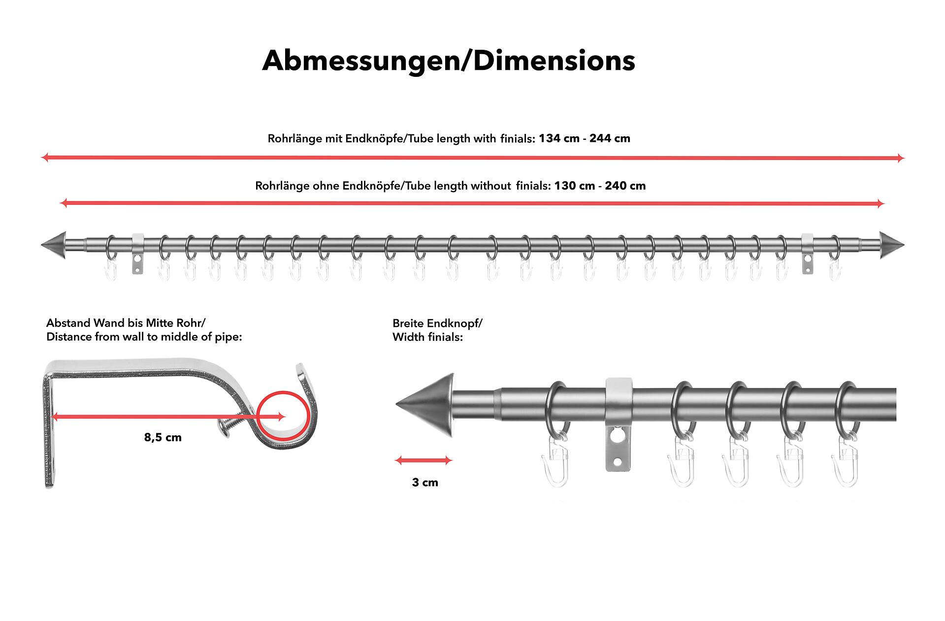 LICHTBLICK Gardinenstange Kegel Chrom Metall D: ca. 2 cm ausziehbar von ca. 130 bis 240 cm 2.0 Läufe