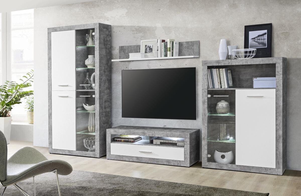 Wohnwand Beton Optik weiß B/H/T: ca. 308x194x41 cm