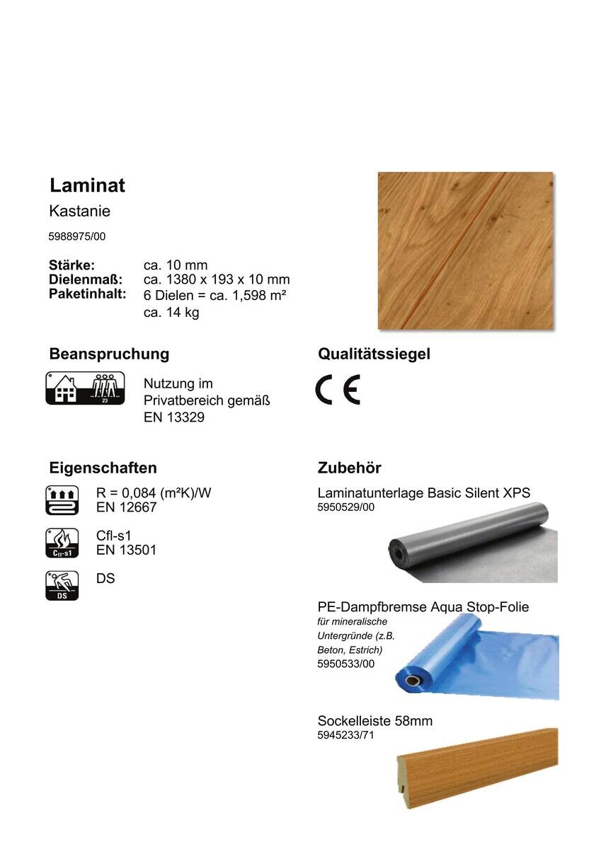 Laminatboden Kastanie ca. 1,598 m² im Paket  B/L: ca. 40x81 cm pro Paket