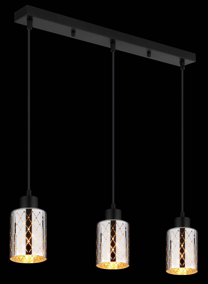 GLOBO Hängeleuchte mattschwarz klar Chrom PVC Glas Metall B/H/L: ca. 9x120x59 cm E27 3 Brennstellen