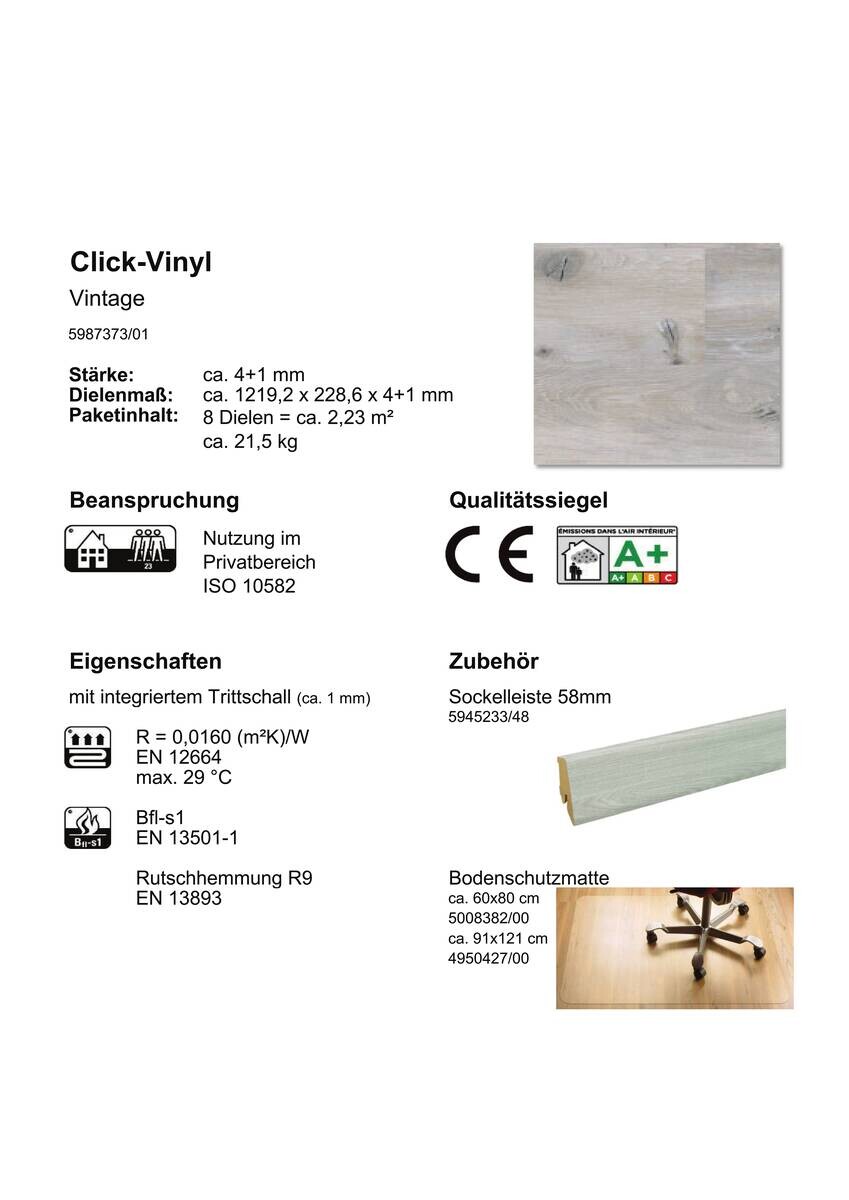 Click-Vinylboden Vintage Eiche ca. 2,23 m² im Paket  B/L: ca. 22,8x121,92 cm pro Paket