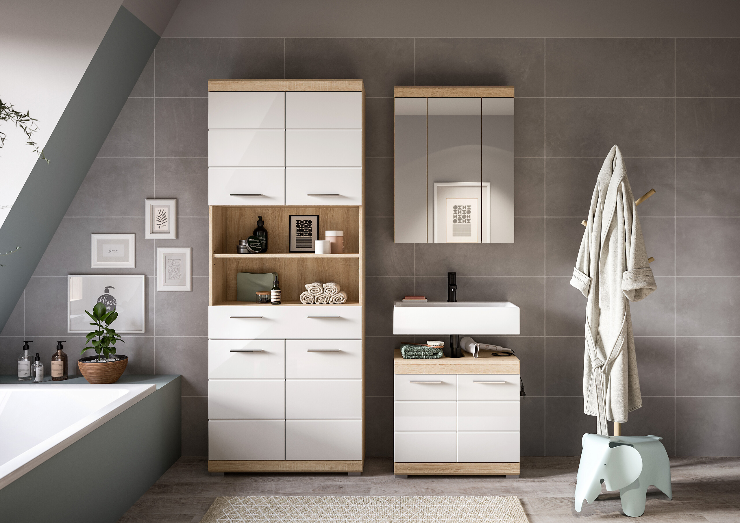 Badezimmer-Set Lambada Eiche Sonoma Nachbildung weiß Hochglanz B/H/T: ca. 149x34x191 cm