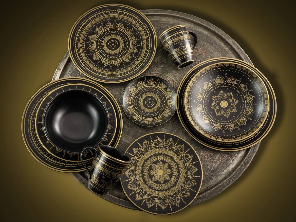CreaTable Kombiservice MANDALA GOLD schwarz Steinzeug 16 tlg.