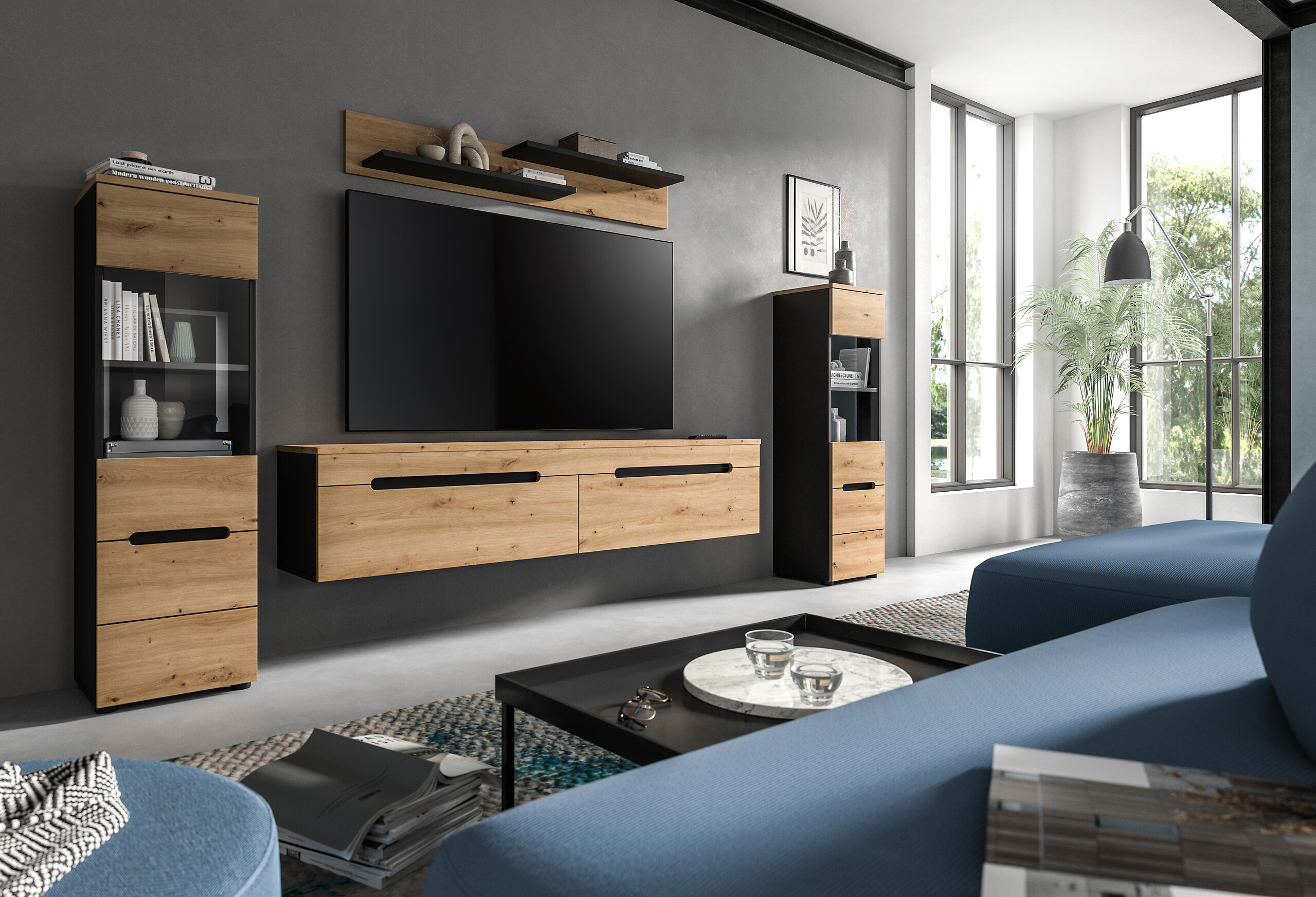 Wohnwand Canu basaltgrau Nachbildung Artisan Oak Nachbildung B/H/T: ca. 272x141x33 cm