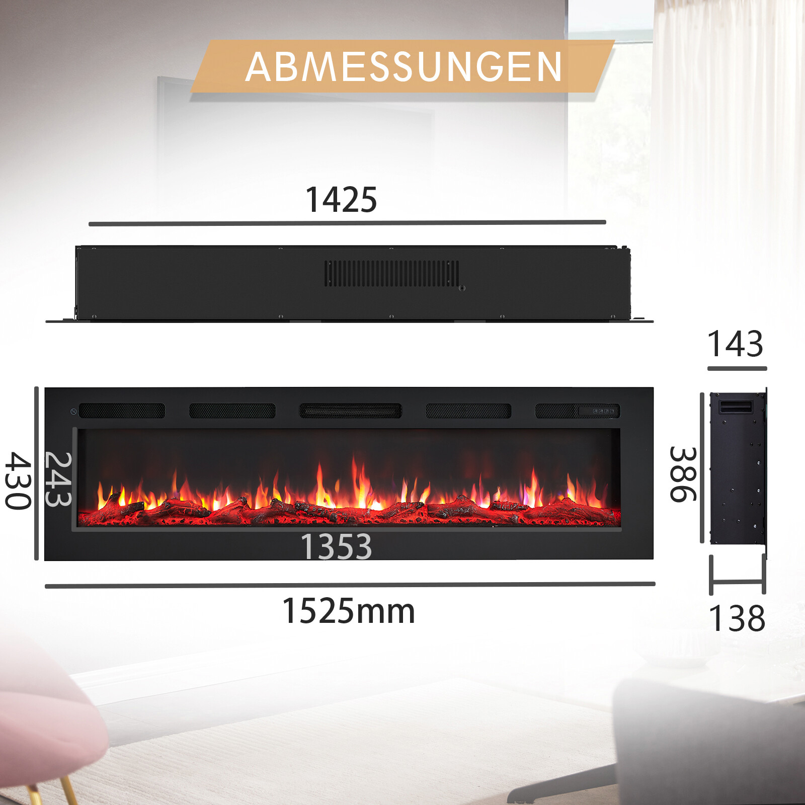 Balderia Elektrischer-Kamin Leif  60 B/H/T: ca. 142,5x38,6x13,8 cm ca. 2000 W