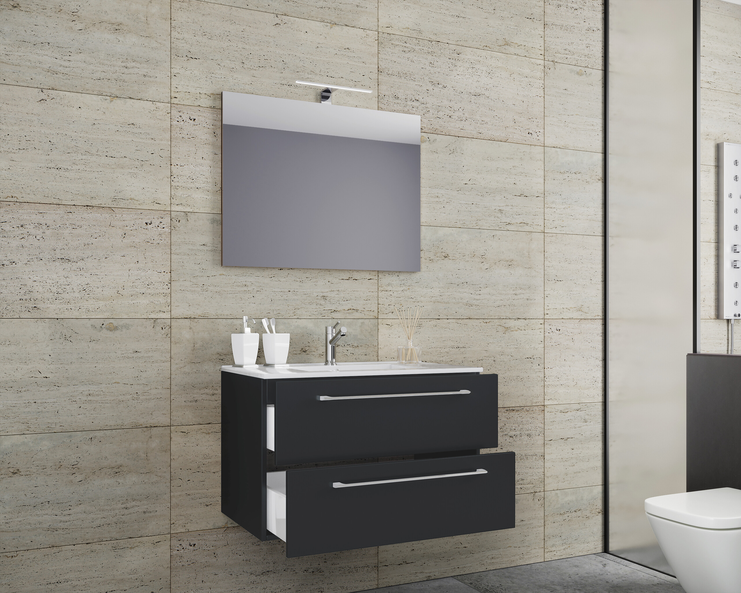 Waschplatz 3tlg-Badinos weiß schwarz B/H/T: ca. 60x50x46 cm Waschplatz 3tlg-Badinos weiß schwarz B/H/T: ca. 60x50x46 cm