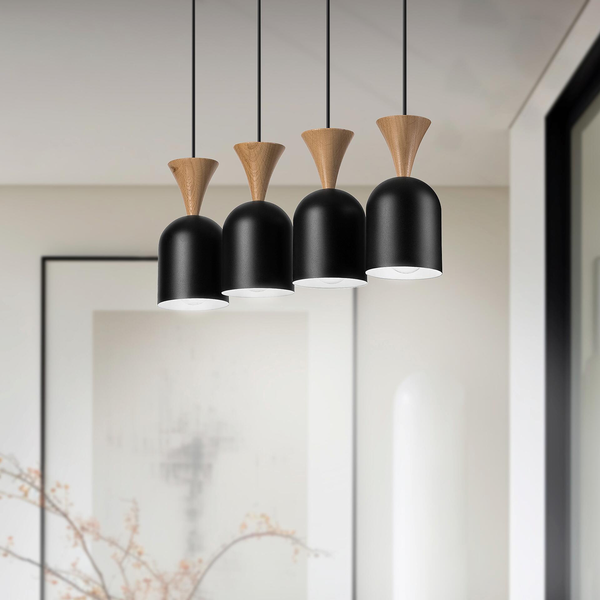 Lamkur Hängeleuchte Eiche schwarz Stahl Holz B/H/L: ca. 11x84x57 cm E27 4 Brennstellen