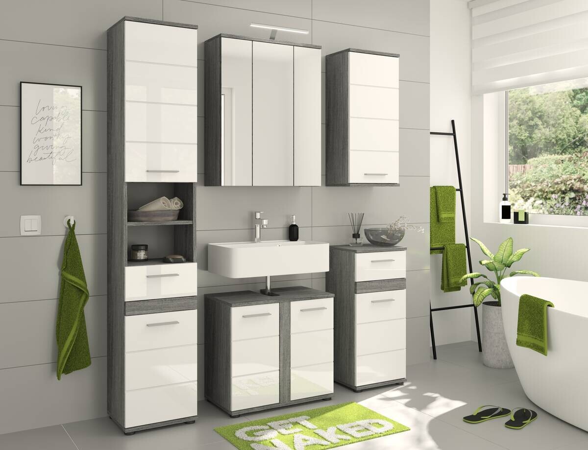 Badezimmer-Set BLAKE Rauchsilber Nachbildung weiß Hochglanz B/H/T: ca. 60x191x34 cm