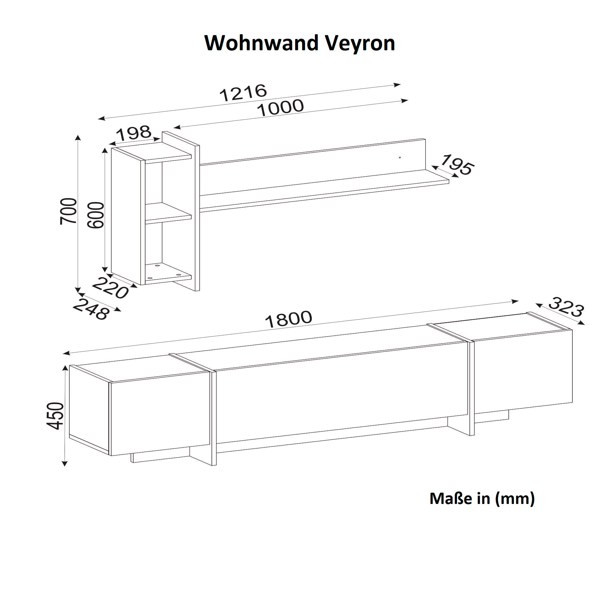 Wohnwand Veyron Rebab dunkel Marmoroptik B/H/T: ca. 180x45x32 cm