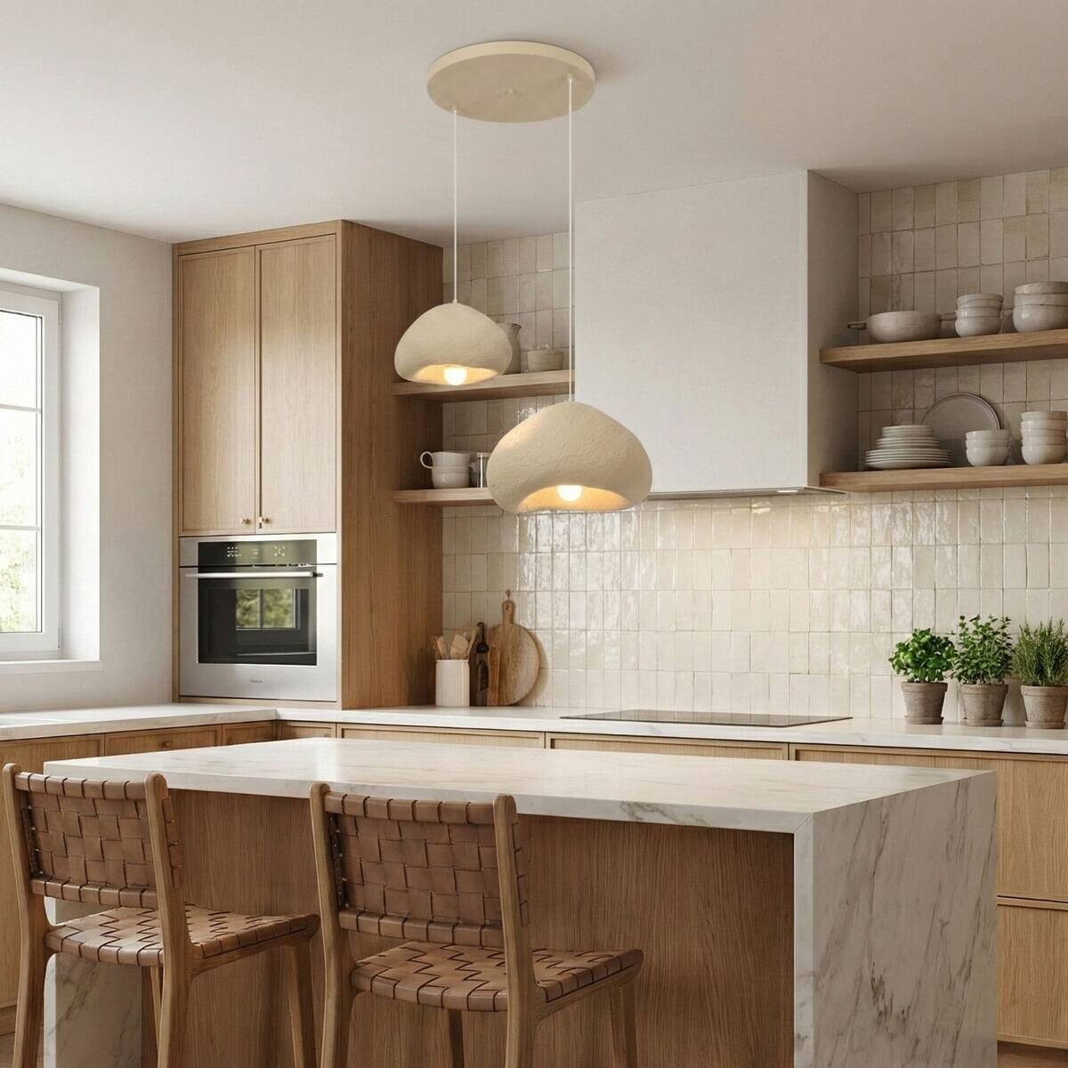 Opviq Pendelleuchte beige Metall Fiberglas B/T/L: ca. 70x70x70 cm E27 2 Brennstellen