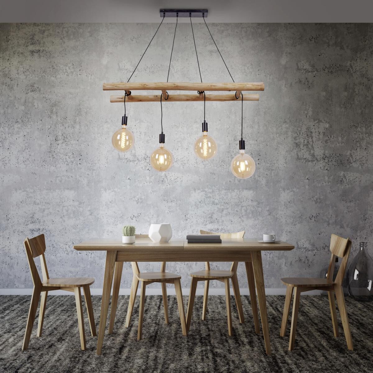 Just Light Pendelleuchte Edgar schwarz Holz Metall Kunststoff H/T/L: ca. 120x30x120 cm E27 4 Brennstellen