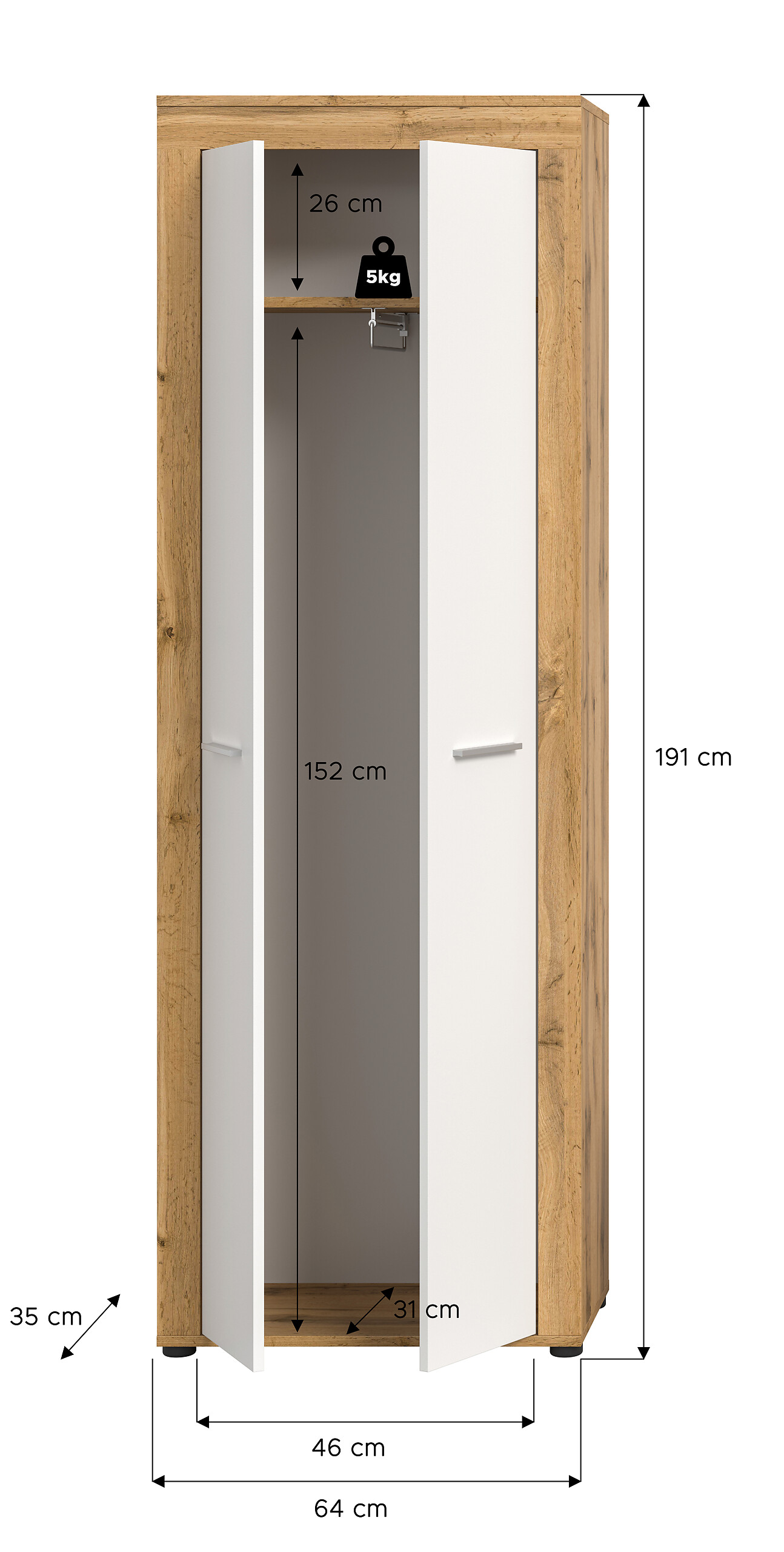 Garderobenschrank JAM Eiche Wotan Nachbildung weiß B/H/T: ca. 64x191x35 cm