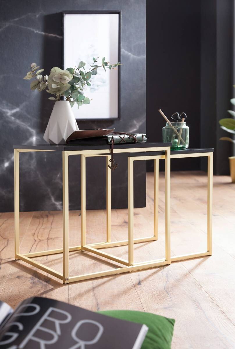 Beistelltisch 2er-Set schwarz Lack matt gold lackiert MDF Metall