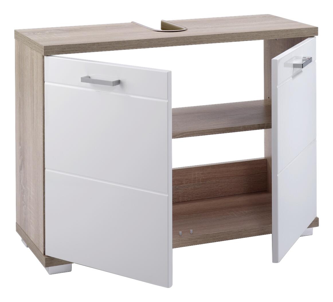 Waschbeckenunterschrank NEBRASKA Eiche Nachbildung weiß Hochglanz silber verchromt B/H/T: ca. 80x59x31,5 cm