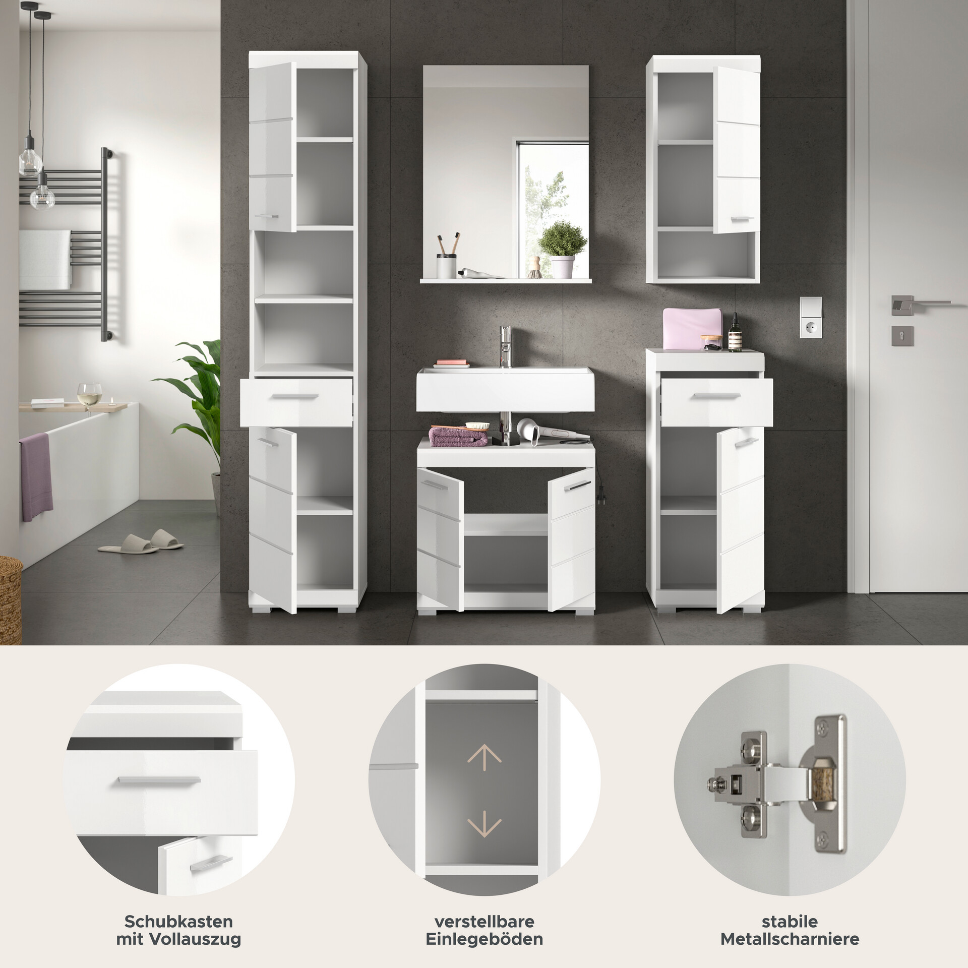 Badezimmer-Set Scout weiß weiß Hochglanz B/H/T: ca. 164x191x34 cm