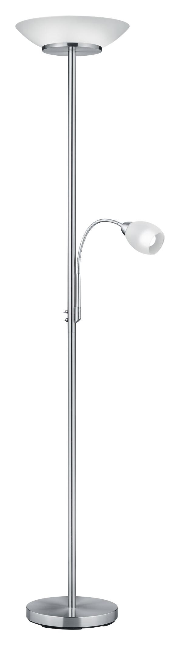 Reality Deckenfluter Gerry nickel matt weiß Metall Glas H/D: ca. 180x34 cm E27 2 Brennstellen