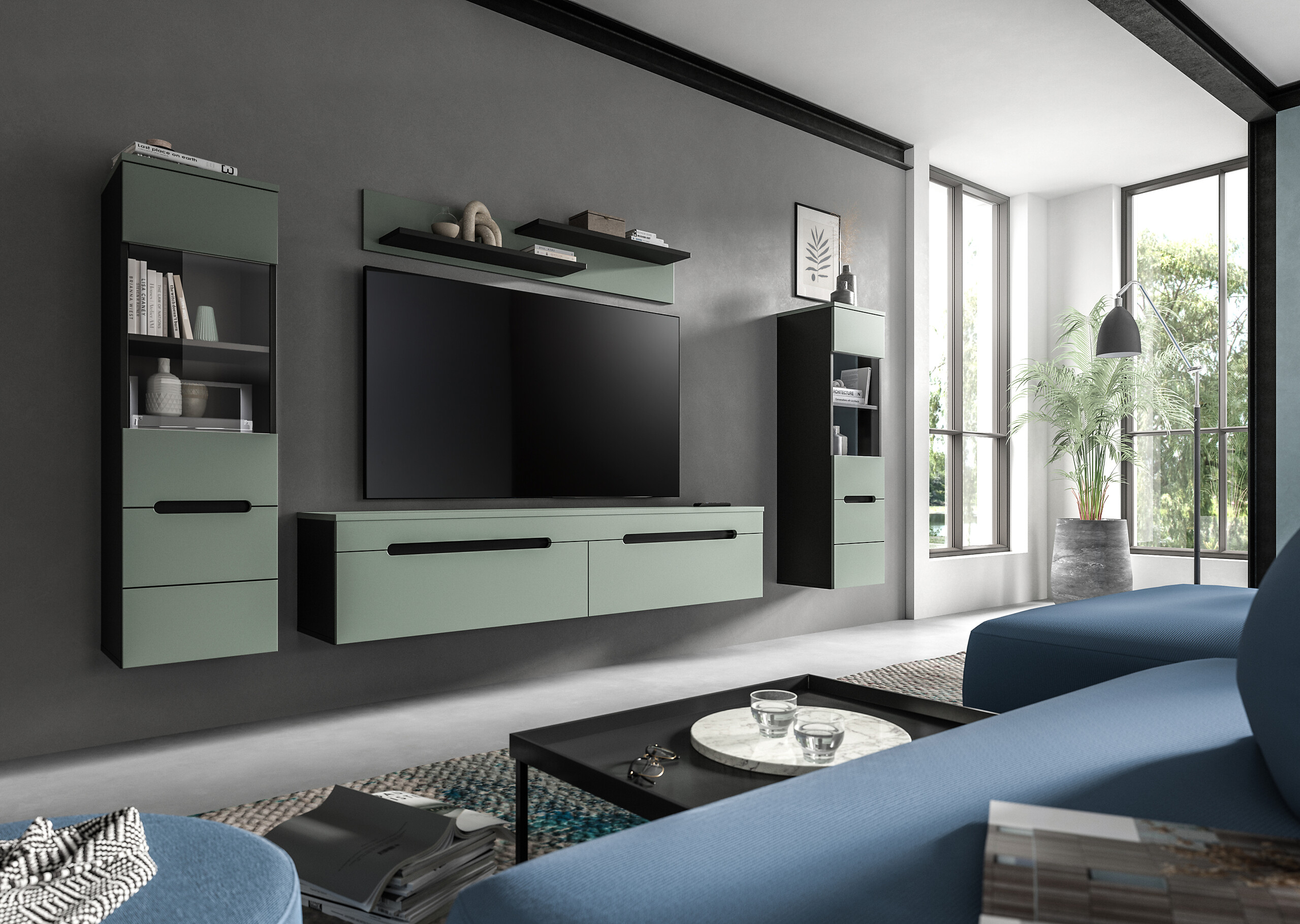 Wohnwand Canu grün basaltgrau Nachbildung B/H/T: ca. 272x141x33 cm