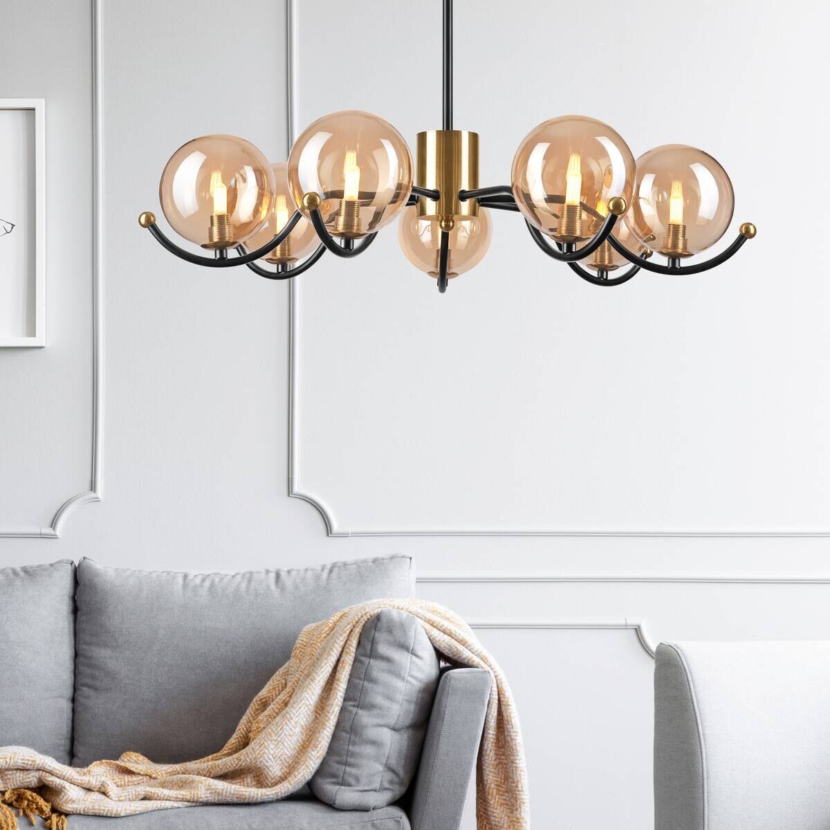 Lamkur Pendelleuchte GEORGIA 49298 gold schwarz Stahl Glas H/L: ca. 48,5x66 cm E27 7 Brennstellen