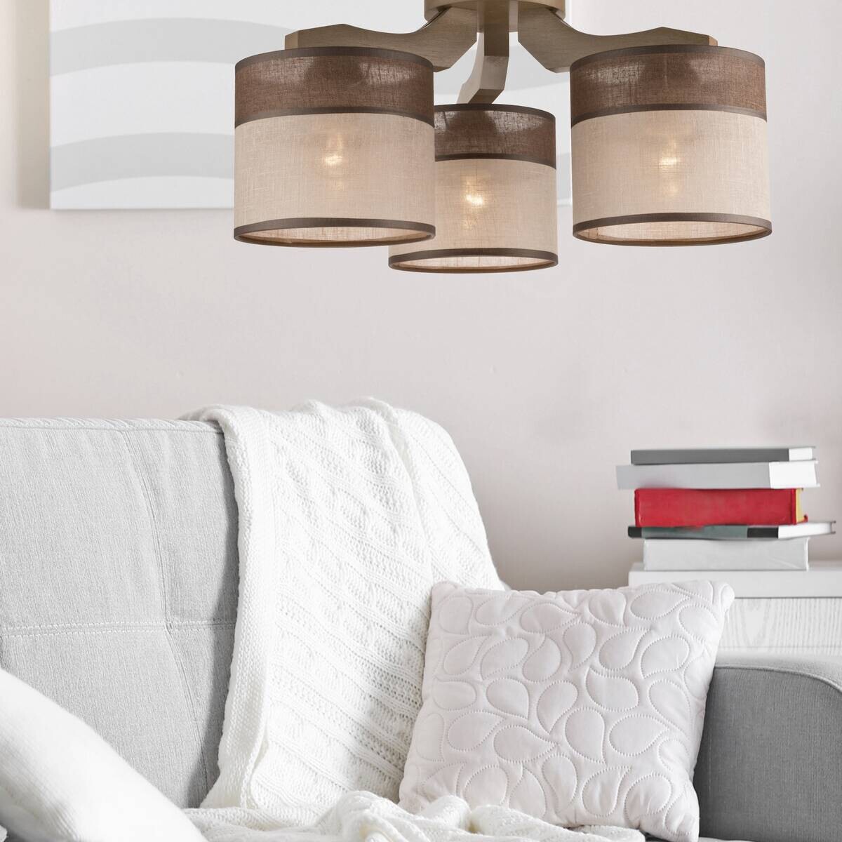 Lamkur Deckenleuchte Andrea natur Holz Stoff Stahl H/L: ca. 23x40 cm E27 3 Brennstellen