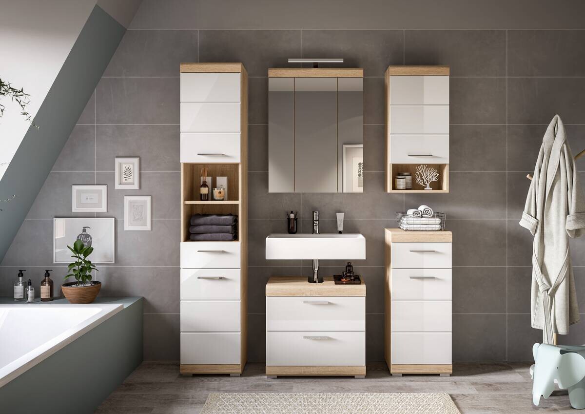 Badezimmer-Set Lambada Eiche Sonoma Nachbildung weiß Hochglanz B/H/T: ca. 164x191x37 cm