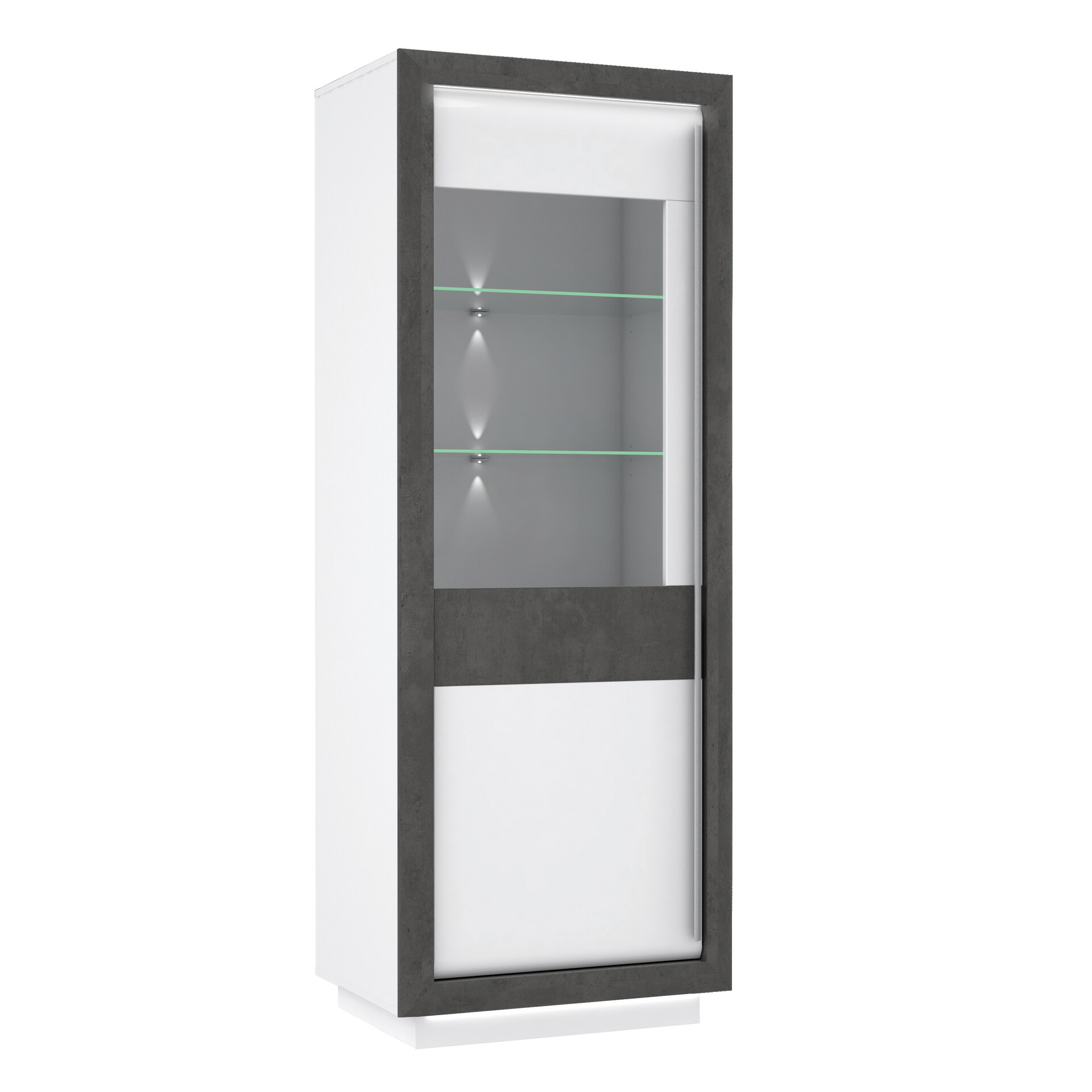 Vitrine  weiß Hochglanz Beton dunkel Optik B/H/T: ca. 73x197x53 cm