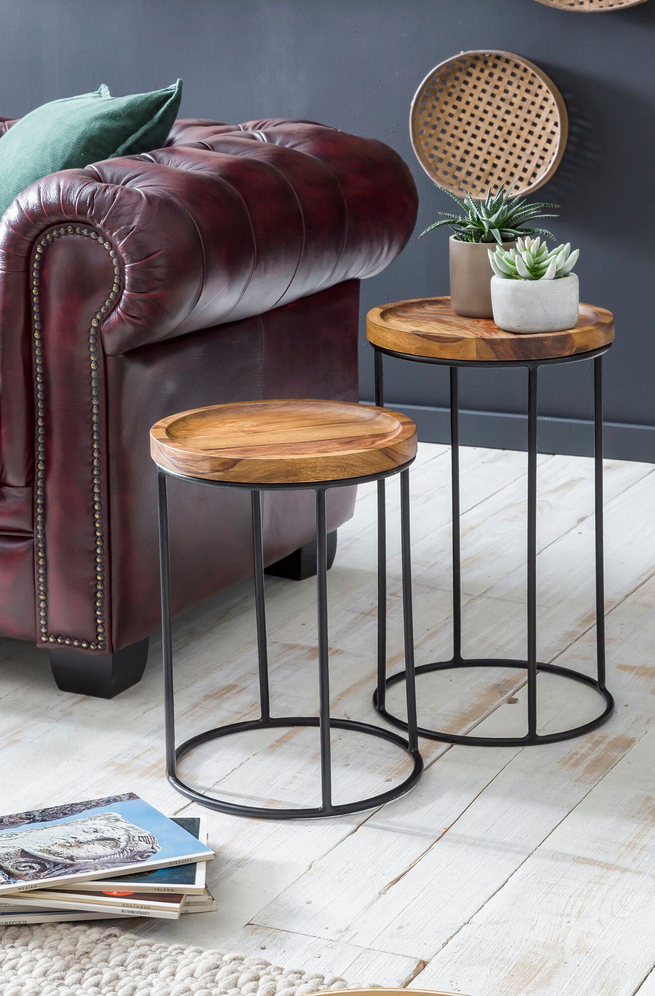 Beistelltisch 2er-Set natur schwarz lackiert Echtholz Eisen Beistelltisch 2er-Set natur schwarz lackiert Echtholz Eisen