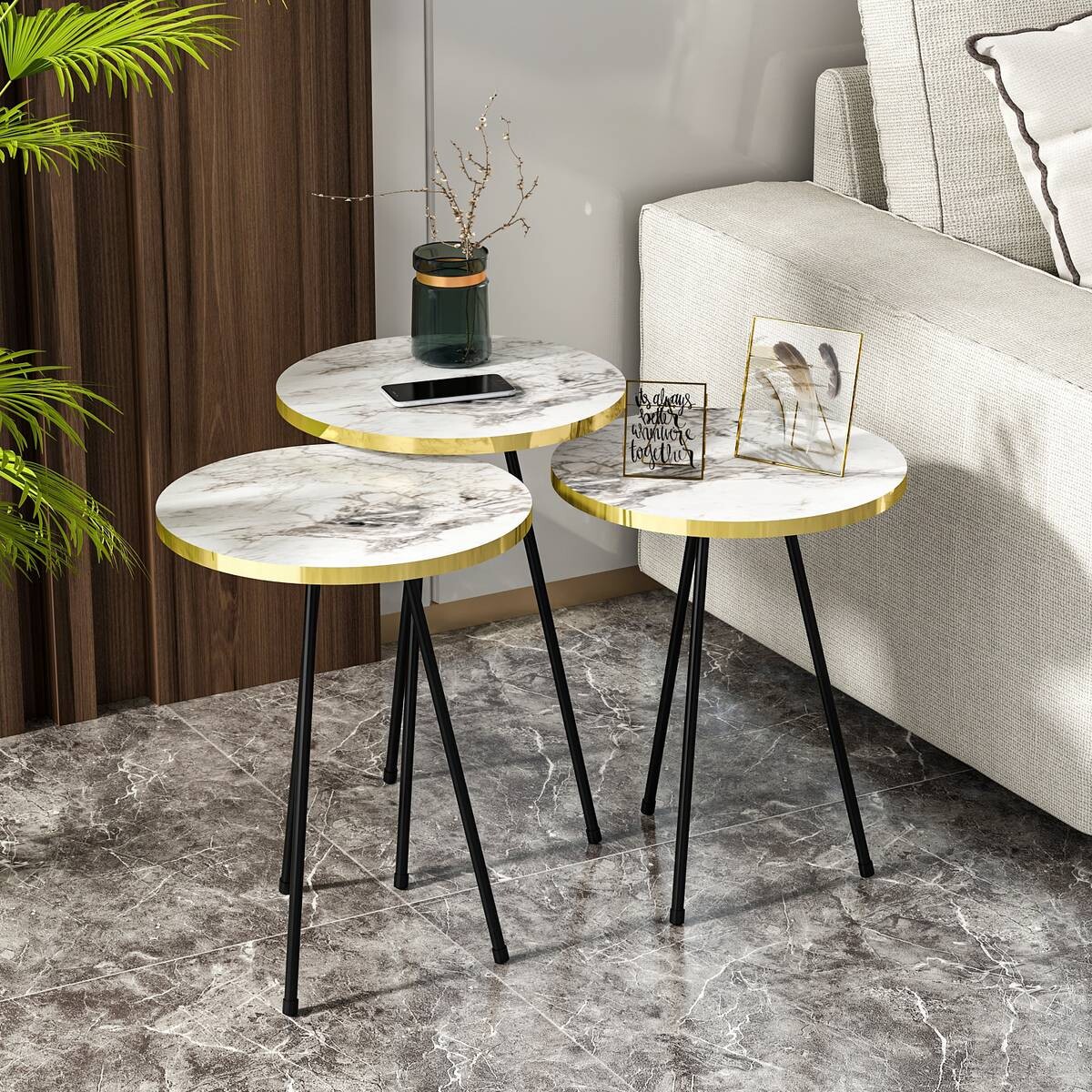 Beistelltisch 3er-Set. 21786245 weiß Marmor Optik schwarz Metall B/H/T: ca. 38x53,5x38 cm