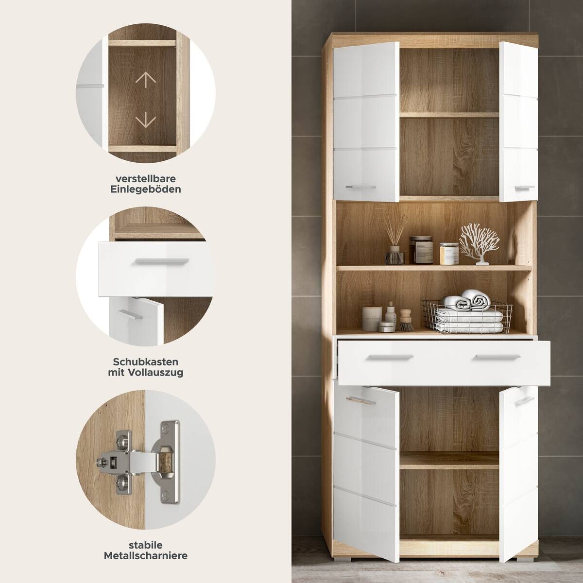 Badhochschrank Lambada Eiche Sonoma Nachbildung weiß Hochglanz B/H/T: ca. 74x191x31 cm