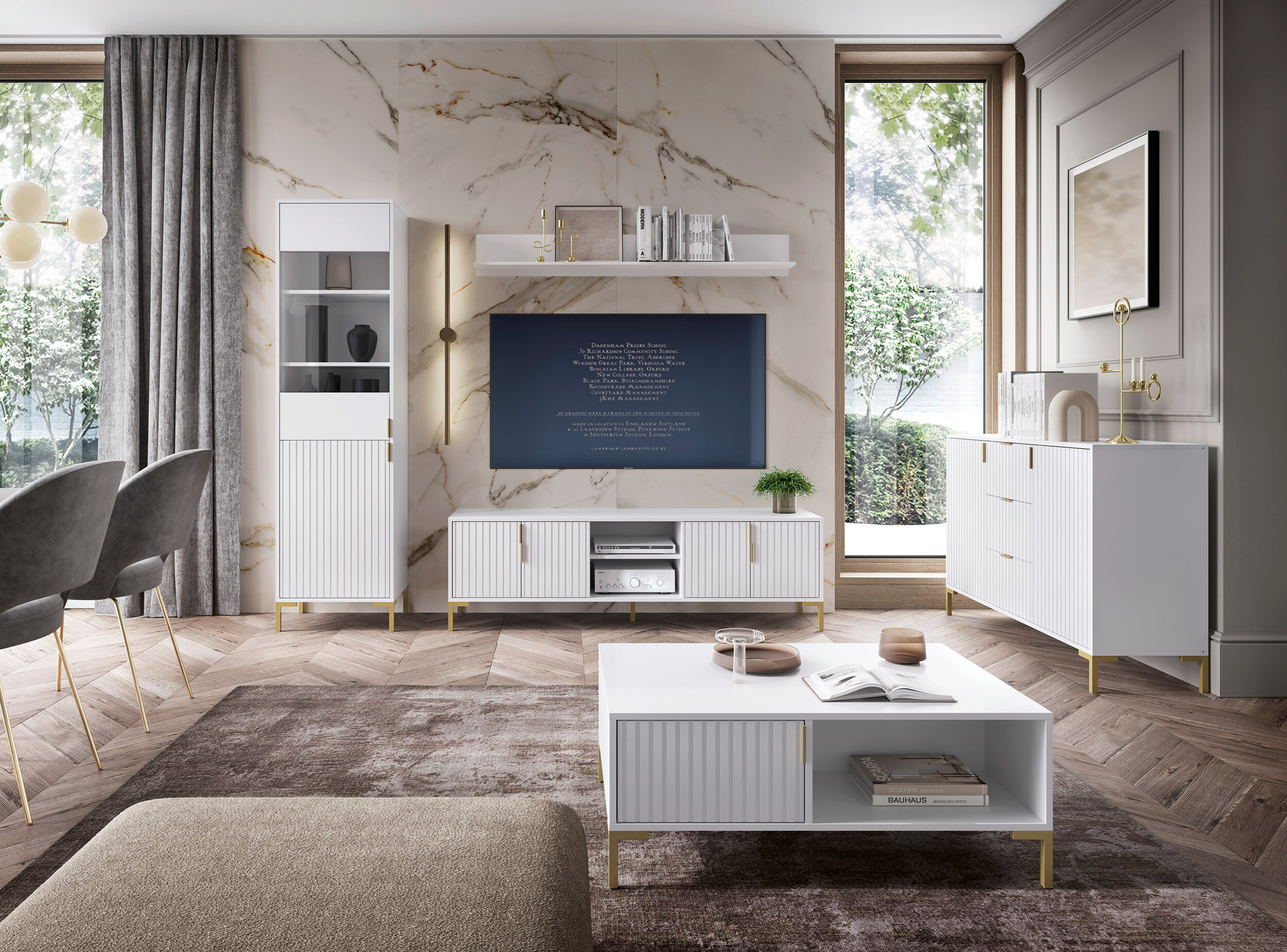 TV-Lowboard FLINN weiß matt gold Optik B/H/T: ca. 195x50x40 cm