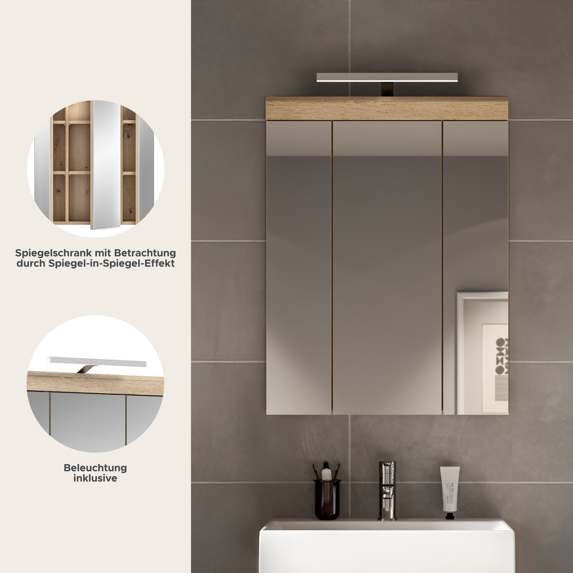 Spiegelschrank Lambada Eiche Sonoma Nachbildung weiß Hochglanz B/H/T: ca. 60x79x37 cm