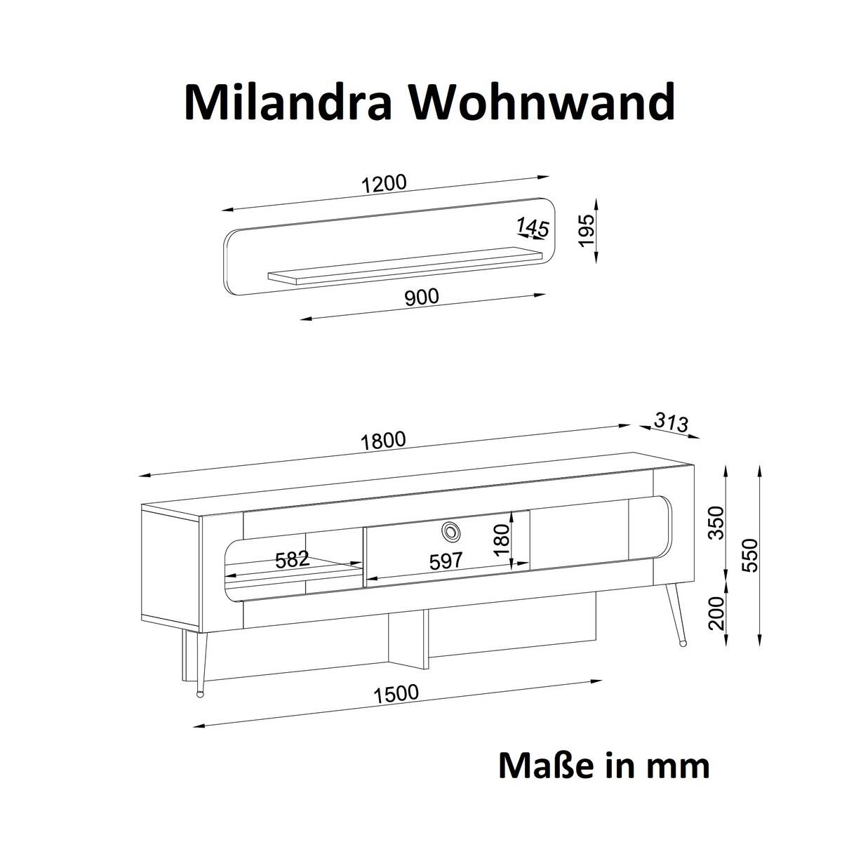 Wohnwand Milandra Rebab braun dunkelgrau dunkelgrün B/H/T: ca. 180x55x31,5 cm