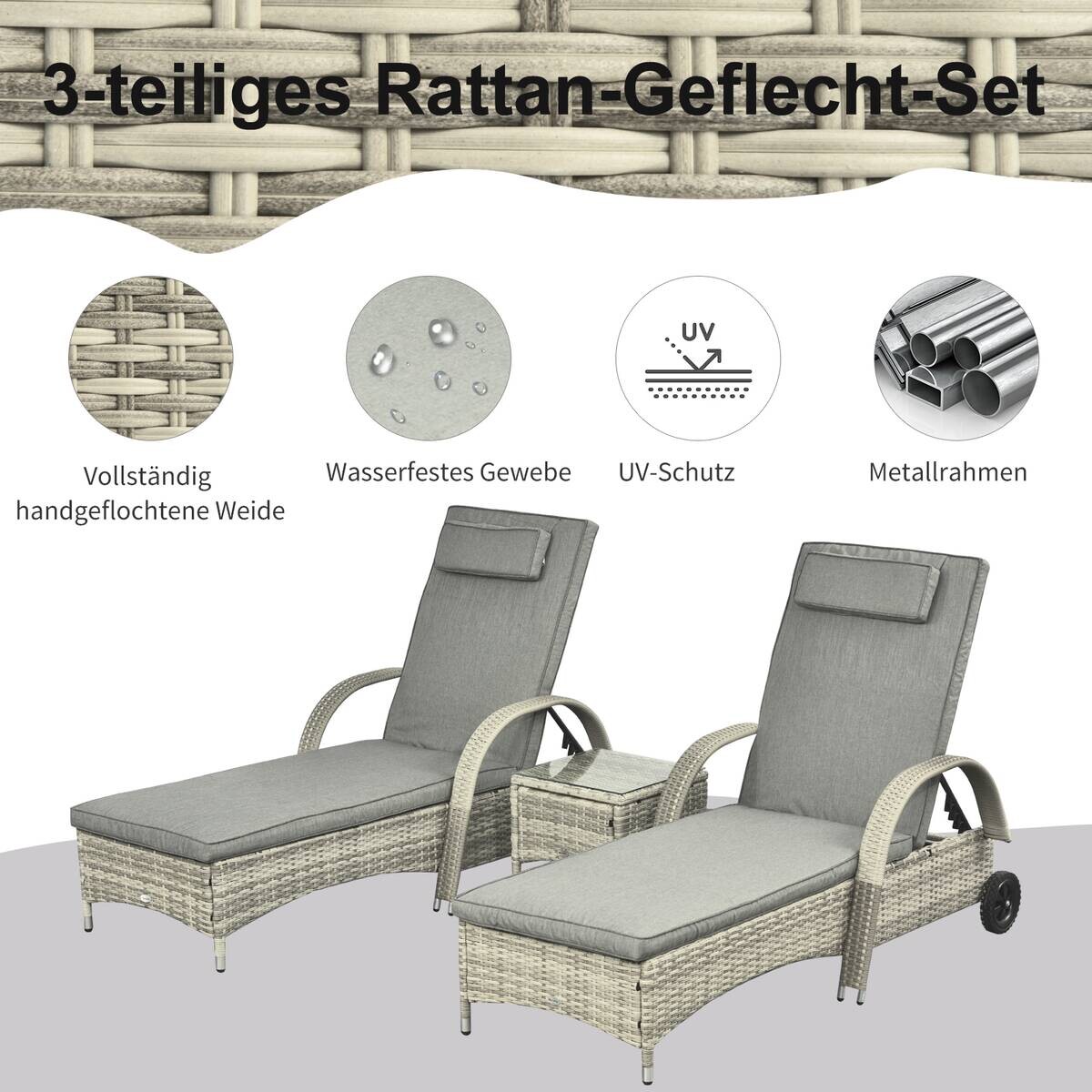 Outsunny Gartenliege-Set mit Tisch grau Polyrattan B/H/L: ca. 73x103x200 cm