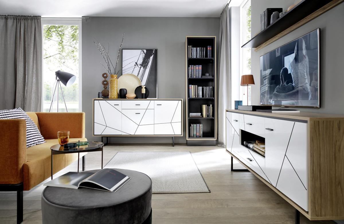 Sideboard Brolo Eiche Cleveland Nachbildung weiß Hochglanz schwarz B/H/T: ca. 167x90x40 cm