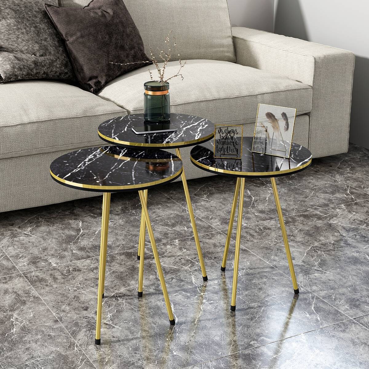 Beistelltisch 3er-Set. 21716146 schwarz Marmoroptik B/H/T: ca. 38x53,5x38 cm