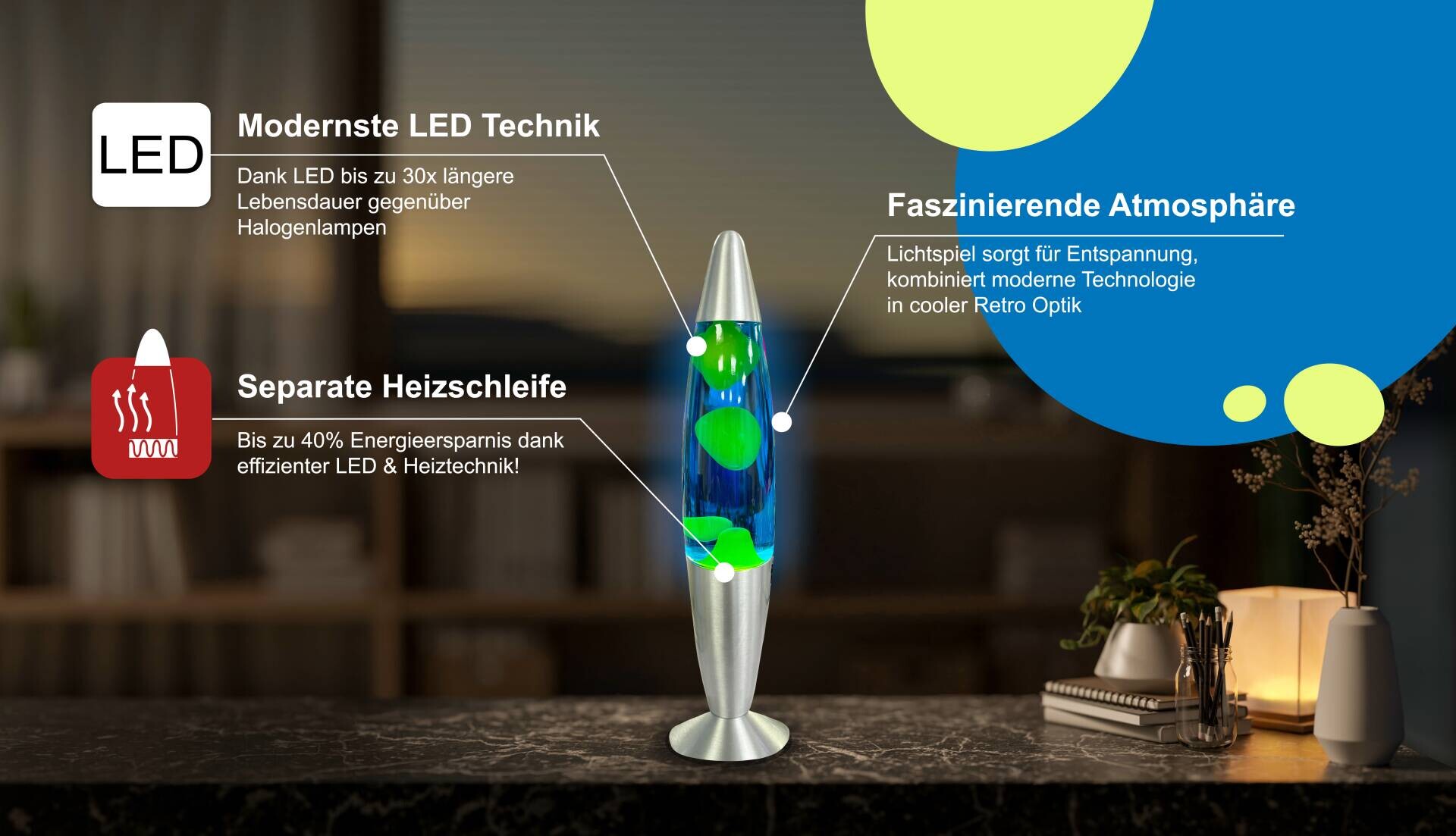 HWH LED-Lavalampe blau gelb Glas Aluminium H/D: ca. 34x62 cm