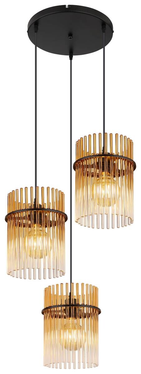 GLOBO Pendelleuchte Gorley schwarz amber Metall Glas H/D: ca. 140x47 cm E27 3 Brennstellen