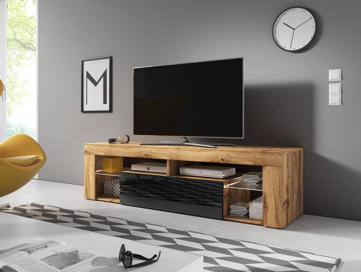 TV-Lowboard TV LOWBOARD Everest 140 LED Eiche Wotan Nachbildung schwarz glänzend B/H/T: ca. 140x50x35 cm