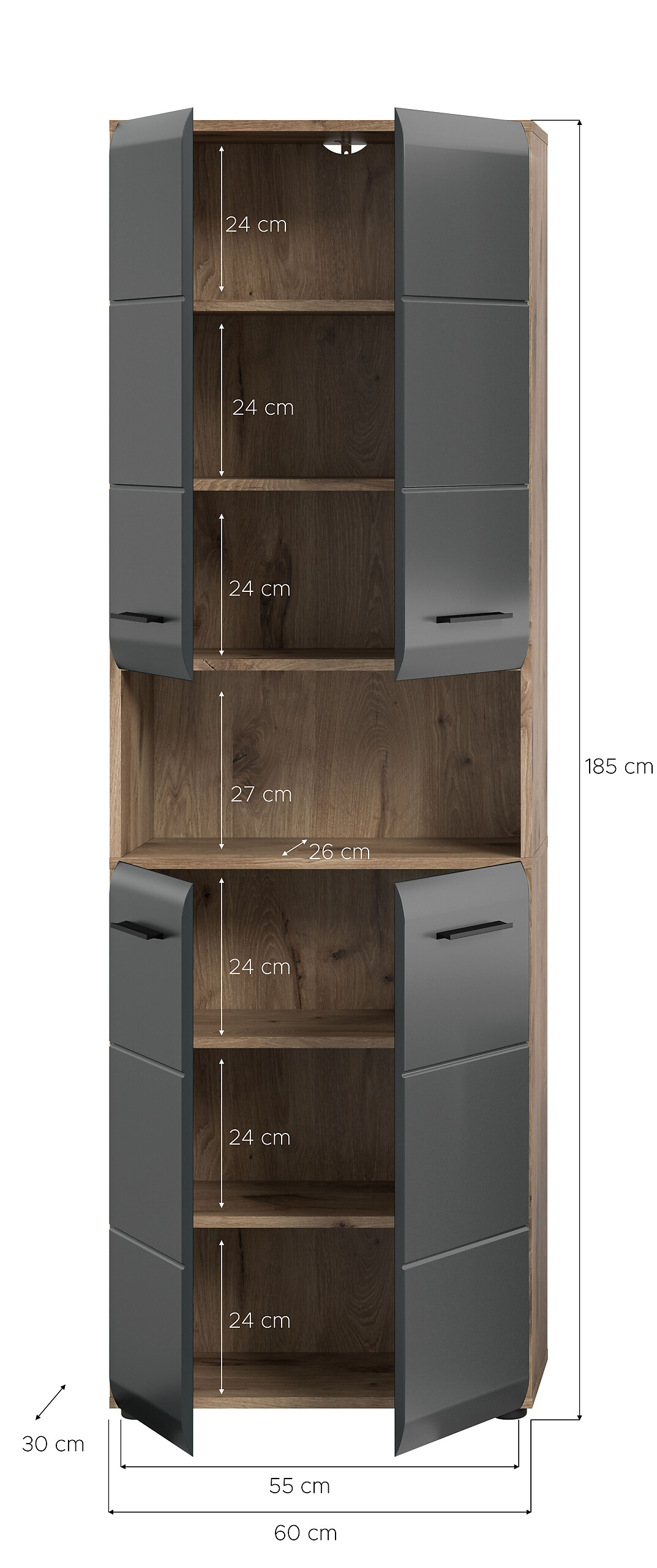 Hochschrank Ice Nox Oak Nachbildung schwarz matt B/H/T: ca. 60x185x30 cm
