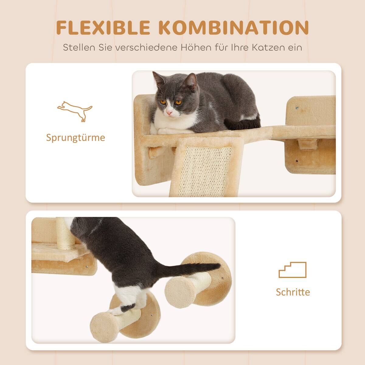 PawHut Katzen Kletterwand Set beige Plüsch B/H/L: ca. 56x73x110 cm