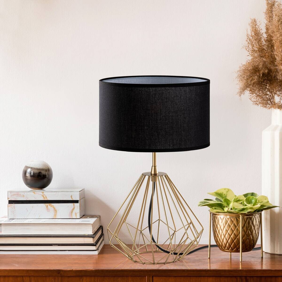 Tischleuchte gold Metall Stoff B/H/T/L: ca. 25x43x25x25 cm E27 1 Brennstellen