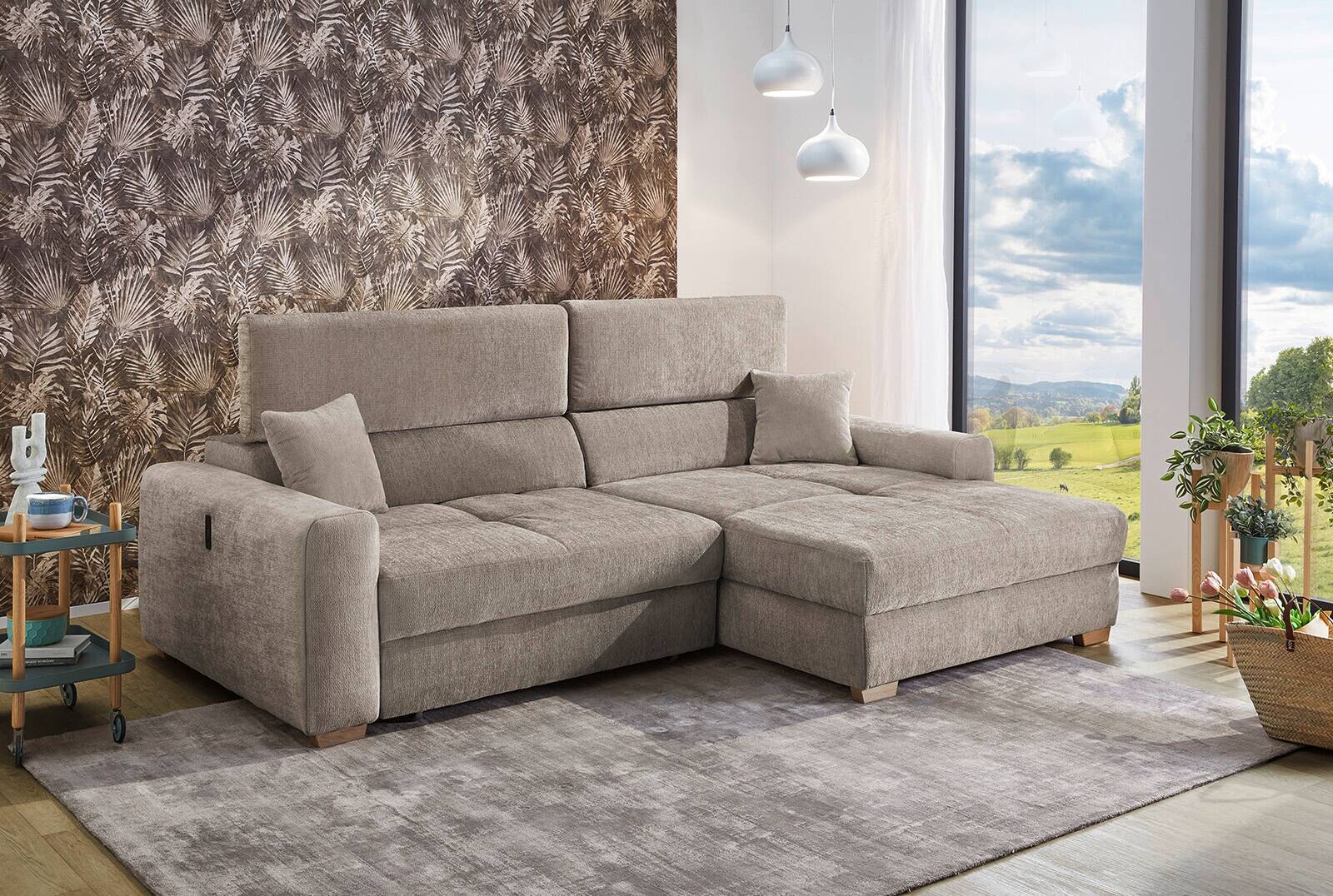 Ecksofa mit elektrischer XXL Sitztiefenverstellung taupe Flachgewebe B/H/T: ca. 277x109x187 cm