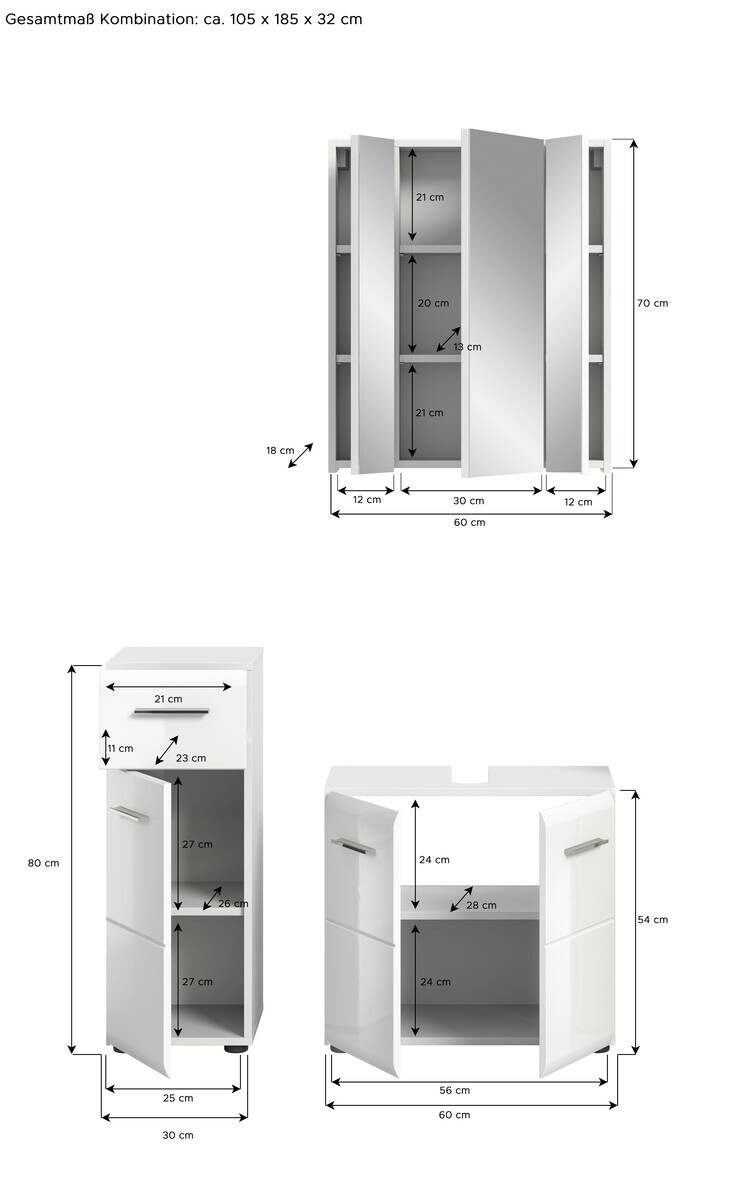 Badezimmer-Set ICE weiß weiß Hochglanz B/H/T: ca. 105x190x32 cm