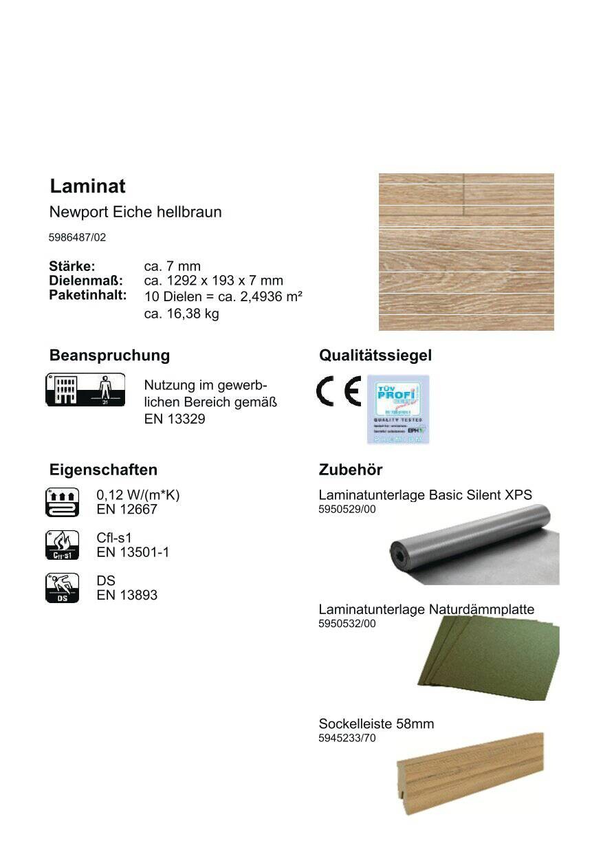 Laminatboden Newport ca. 2,4936m² im Paket  B/L: ca. 19,3x129,2 cm pro Paket