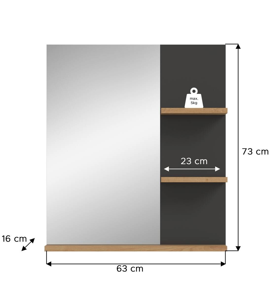 Wandspiegel Canu Basalt Eiche Artisan Nachbildung B/H/T: ca. 63x73x16 cm
