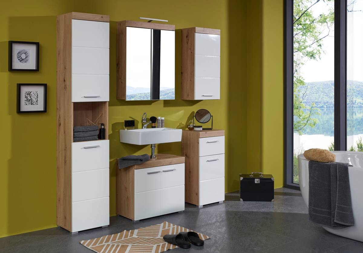 Hochschrank Amanda weiß Hochglanz Asteiche Nachbildung B/H/T: ca. 37x190x31 cm